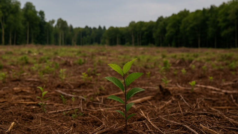 A sapling growing in a cleared forest area